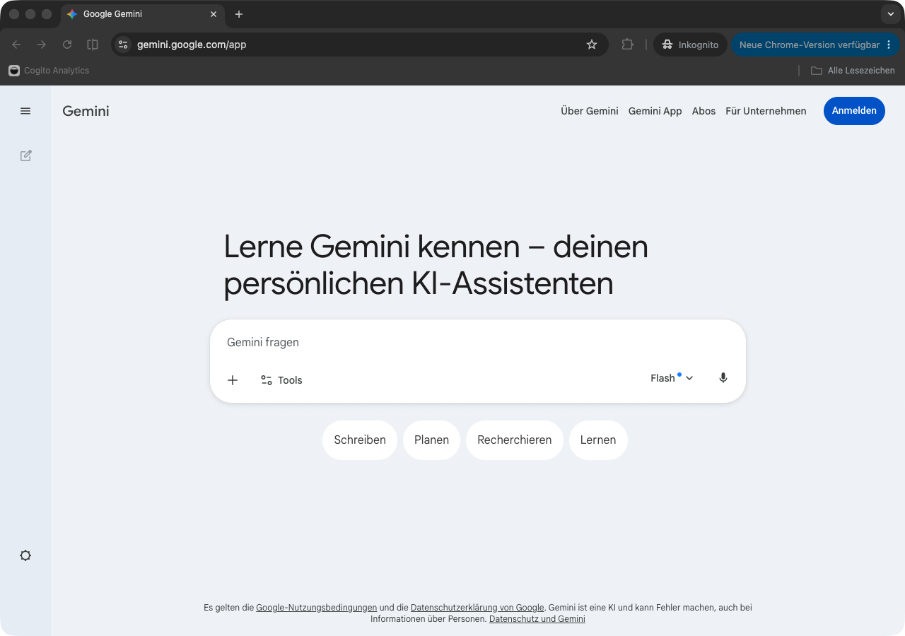 gemini.google.com-Startseite mit dem Anmelden-Knopf oben rechts.